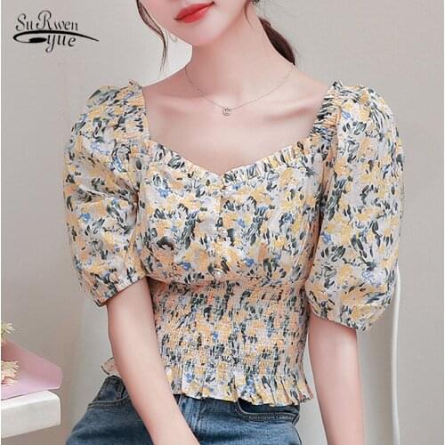 Korean Style Puff Sleeve Blouses Women Slim Waist Female Tops Blusas Mujer De Moda 2020 Casual Printed Chiffon Blouses 10213