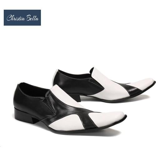 Christia Bella Designer Black White Patchwork Men Real Leather Shoes Business Formal Footwear Gentleman Wedding Dress Shoes
