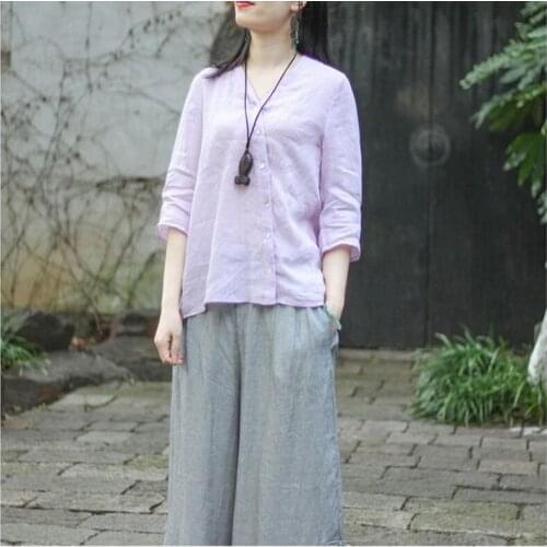 Cotton Linen Blouse Tops Plus Size Spring Summer New Arts Style Women 3/4 Sleeve Loose V-Neck Shirts Single-Breasted Solid