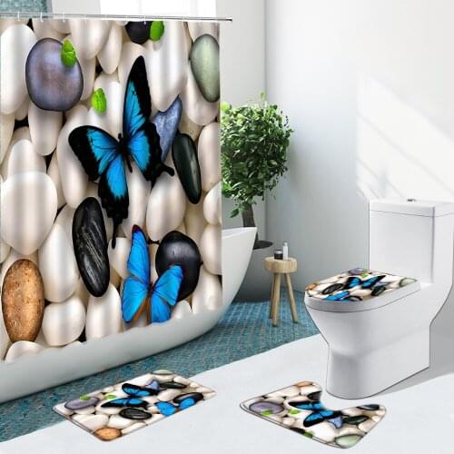 Pebbles Butterfly Shower Curtain Zen Stone Lotus Green Bamboo Bath Mat Non-Slip Flannel Rug Toilet Cover Bathroom Set With Hook