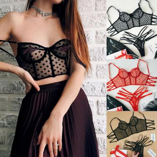 Newest Trendy Women Ladies Sexy Lace Polka Dot V-neck Hollow Out Exotic Sets High waist G-String Underwear Bras Set Valentine