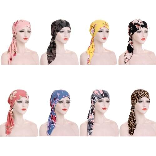 Fashion Print Flowers Women Inner Hijabs Cap Muslim Head Scarf Turban Bonnet Islamic Ladies Wrap Under Long Tail Bandanas Beanie