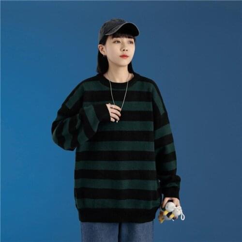 Fashion Green And Black Stripe Knitted Sweater Men And Womens Autumn Winter Round Neck Casual Trend Pullover Clothing