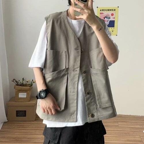 Men Clothing Sleeveless Vest Handsome Summer New 2021 Ruffian Fashion Tooling Top Jacket Green Khaki College Leisure Couples