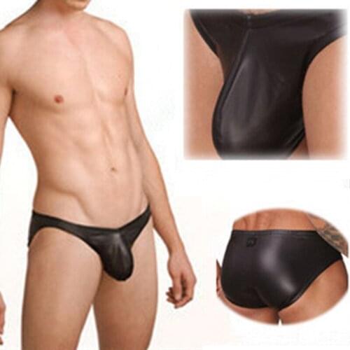 Mens Sexy Low-rise Imitation Leather Wet-Look Pouch Bulge Male Black Underpants Lingerie Briefs Shorts