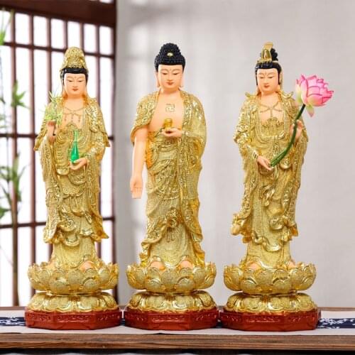 A set 3PCS HOME shrine protection Buddhism XI FANG SANSHENG Standing Guan yin Amitabha Mahasthamaprapta Buddha statue Large 38CM