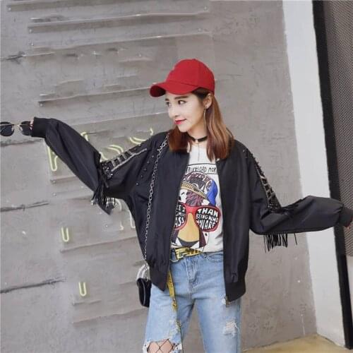 2019 spring new European style fashion rivet tassels heavy long-sleeved baseball uniform jacket sleeve cardigan bat C39