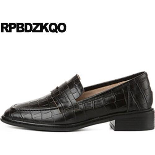 Office loafers slip on vintage women oxfords shoes brown round toe designer 11 work snake black large size genuine leather 10