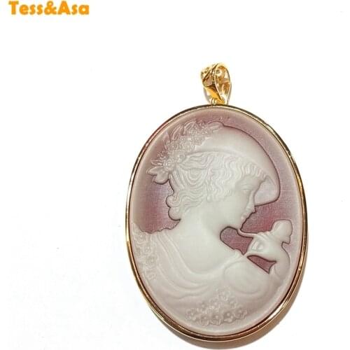 Natural Agates Cameo Vintage Dull-red Long Cameo Necklace For Women Red Agates Beauty Lady Head Cameo Plated Brooch