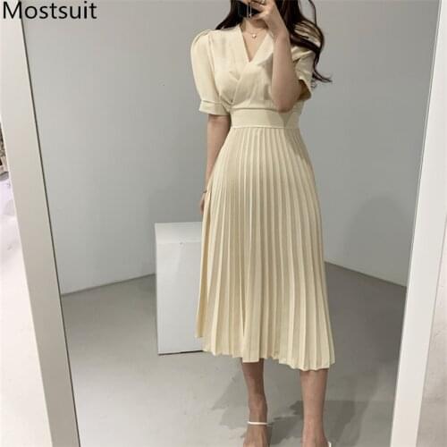 2020 Summer Chiffon Korean A-line Pleated Long Dress Women Short Sleeve V-neck Belted Fashion Office Elegant Ladies Vestidos