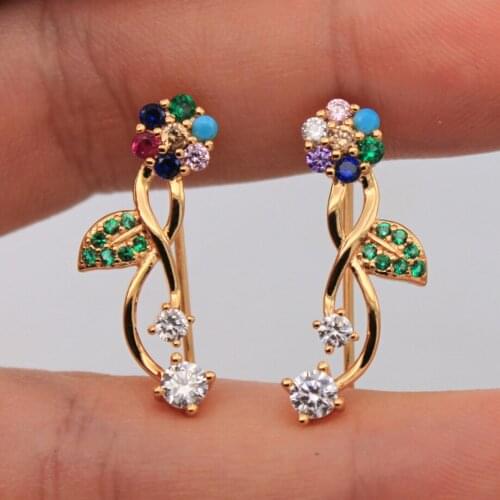 Trendy Clip Earrings Green Cubic Zirconia Gold Plated Copper Flower Earring For Women Fashion Jewelry Accessories Wedding Gift