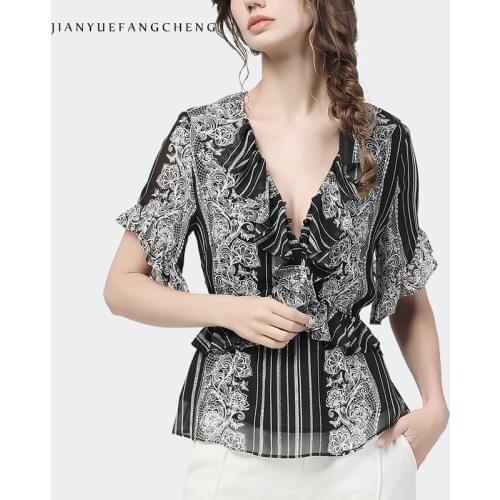 Fashion Summer New Women Chiffon Tops Black White Irregular Flower Printed Ruffles V-Neck Short Sleeve Slim Casual Ladies Tops