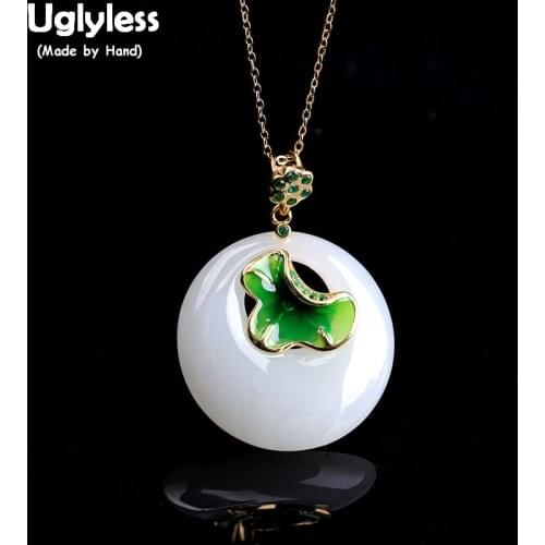 Uglyless Enamel Lotus Leaf Necklaces for Women Retro Ethnic Jade Buckle Pendants NO Chains 925 Sterling Silver Fine Jewelry P903