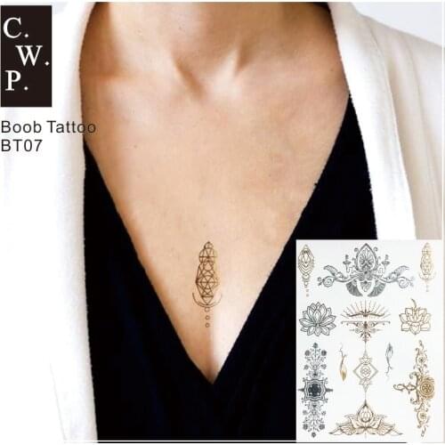 BT07 1 PIECE Under Boob Sternum Metallic Gold and Silve Temporary Tattoo with Spiritual Symbols,Loutus Pattern Body Art