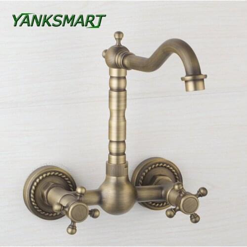 YANKSMART Wall Mounted Solid Antique Brass Swivel Spout Shower Dual cross handles Mixer Faucet