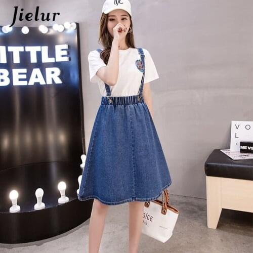 Jielur Fashion Chic Strap Skirt High Waist Dark Blue Autumn College Style Skirt Oversize Women Korean Leisure Skirts Denim S-5XL