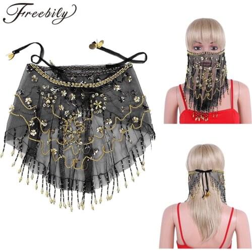 Women Ladies Mesh See Through Sheer Belly Dance Tribal Face Veil with Beads Tassels Halloween Costume Accessory