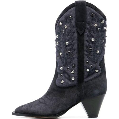 2021 Autumn New Cowboy Boots Low-Heels Pointed Toe Rivet Ankle Boots Women Slip-On Mid-Tube Winter Shoes Women botines mujer