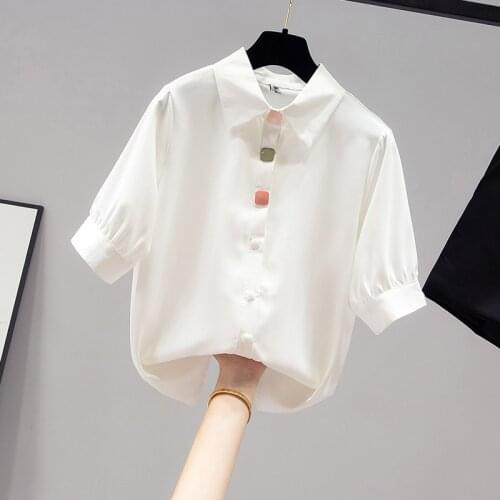 Button Chiffon Women White Shirts Summer New 2021 Turn-Down Collar Half Sleeved Loose Solid Elegant Office Lady Outwear Tops