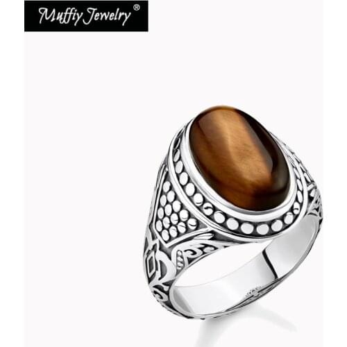 Cocktail Ring Brown Tiger Eyes Pure 925 Sterling Silver 2021 Brand New Fine Jewelry Europe Style Vintage Bijoux Gift For Women