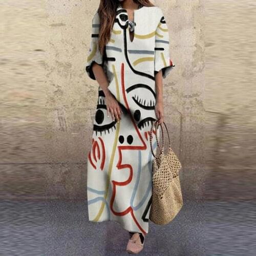 2021 Summer New Elegant Abstract Face Print Dresses Women Vintage V-Neck Half Sleeve Dress Ladies Casual Loose Dress Vestidos