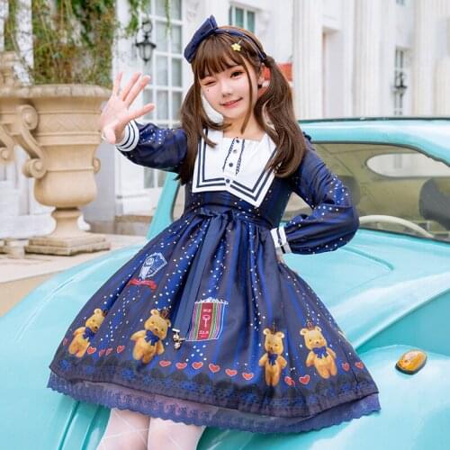 Kawaii Blue Court Lolitas Style Op Dress Soft Girls Cute Long Sleeve Women Daily Navy Collar Retro Cosplay Anime Harujuku Gothic
