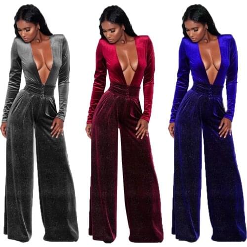 2019 Fashion Solid color Women Jumpsuit Sexy Deep V-neck Plus size Clothes