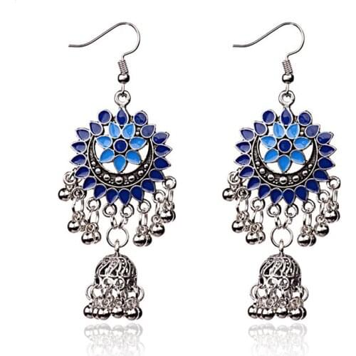 2020 Indian Jhumka Gypsy Birdcage Blue Earrings With Flower For Women Antique Silver Color Bells Ladies Earrings Egypt