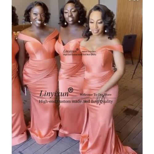 2021 Coral Bridesmaid Dresses Africa Mermaid Off Shoulder Wedding Party Guest Dresses Cheap Satin Long Maid of Honor Dress
