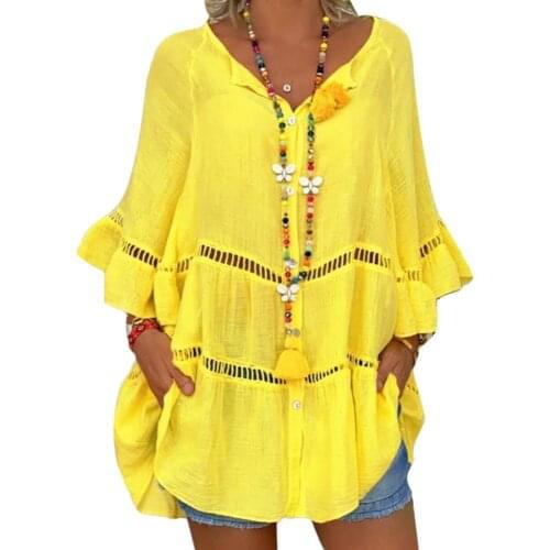 60%HOTWomen Casual T-shirt 3/4 Sleeve Buttons Hollow out Large Hem Loose Blouse Top