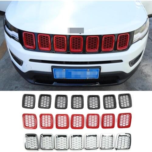 ABS Exterior Front Grill Grille Cover Inserts With Mesh Decorative Trim 7PCS Fit for Jeep Compass 2017-2021 Car Accessories