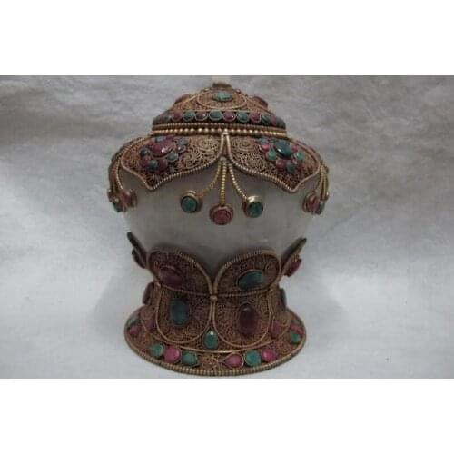 8 Tibet Copper Silver crystal inlay Ruby beryl gemstone Tank Crock Pot Jar Vase