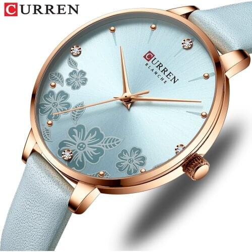 CURREN Watches Women Top Brand Leather Quartz Wristwatch Luxury Design Clock for Ladies Charm Flowers Dial Montre Femme