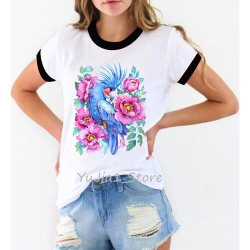 T-shirts for women harajuku kawaii watercolor blue parrot printed tshirt tops women’s clothing sumemr camiseta mujer ringer tee