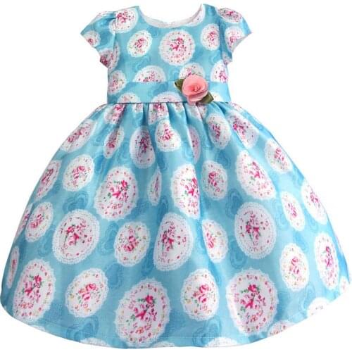 Hetiso Floral Print Girls Dress Sky Blue Tribute Silk Ball Gown Party Evening Birthday Kids Clothing Size 3-8 Years