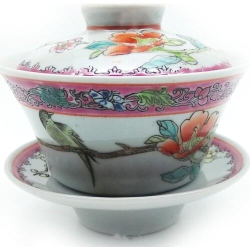 Garden Ceramic Bird Gaiwan Art Tea Bowl with Saucer Lid Jingdezhen Porcelain Master Tea Tureen Drinkware Gift