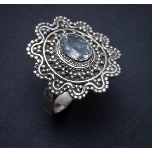 Natural Blue Topaz Handmade Boho 925 Sterling Silver Ring, US Size 9 S2528