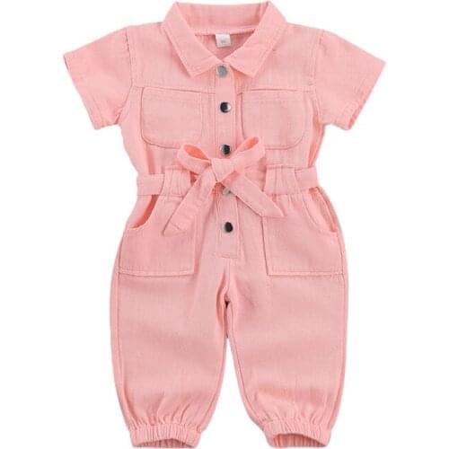 Summer Toddlers Suspender Trousers Romper Baby Girls Solid Color Single Breasted One Piece Jumpsuit Casual Overalls Denim Pants