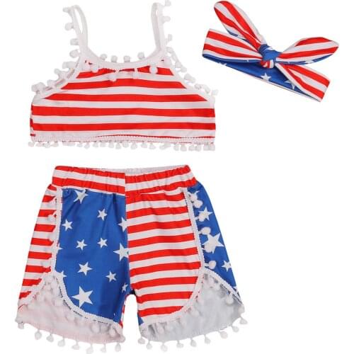 Citgeett Summer Kids Girls Independence Day Clothes Set Stripe Star Print Sleeveless Sling Tops + Short Pants + Headband sET