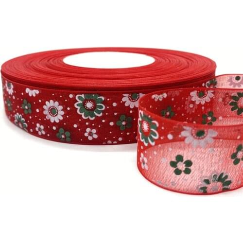 5Yards /Roll 25mm Printing Flower Organza Ribbons For Flower Gift Packing Wedding Decoration DIY Garment Accessories #02