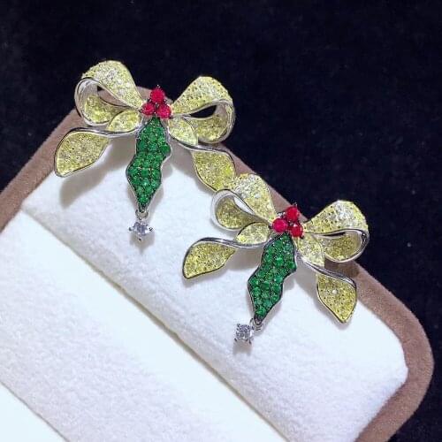 Cute romantic 925 sterling silver with cubic zircon bowknot stud earring light yellow and green color mixed fine women jewel