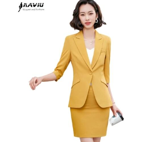 Naviu 2021 New Casual Fashion Yellow Suit Female Spring Summer Temperament High-End Professional Small Jacket and Skirt