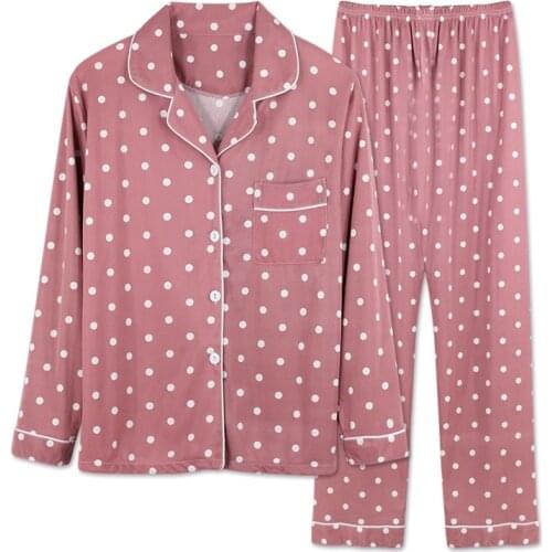 Spring Autumn Long Sleeve Pajamas Womens Lapel Cardigan Suit Wave Point Pants Nightwear Home Clothes Sleepwear Set Large Size