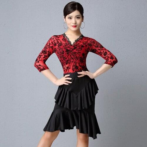Latin Dance Dress Sexy Lace V-Neck Tops Skirt WomenS Ballroom Samba Practice Clothing Ladies Stage Performance Dancewear DL4909