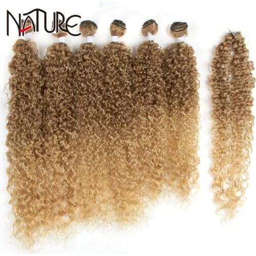 Nature Black Hair Bundles Afro Kinky Curly Synthetic Hair Extensions 7 Pcs 22-26 inch Ombre Brown Hair Weave Bundles Curly Hair