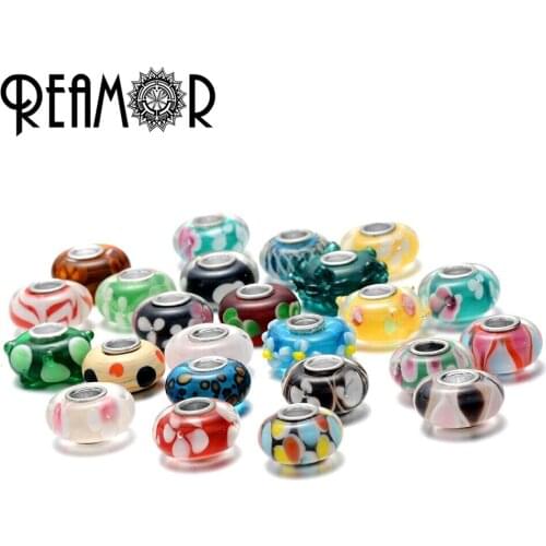 REAMOR 20pcs/lot Mixed European Round Lampwork Bead Murano Glass Beads Charms Fit DIY Women Bracelets Jewelry Making Accessories
