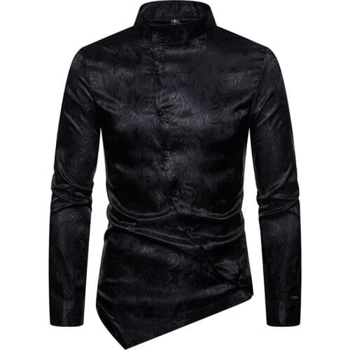 Black Paisley Jacquard Tuxedo Shirt Men Stylish Irregular Hem Design Slim Fit Dress Shirts Mens Wedding Party Chemise Homme