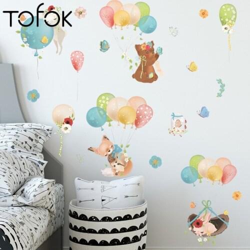 Tofok Cartoon Animal Balloon Fox Wall Stickers for Kids Room Wall Decoration Nursery Room Bedroom Home Decoration PVC Decor