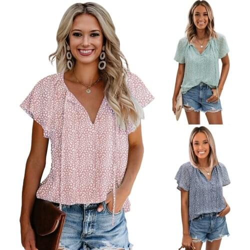 T Shirt Women 2021 New Arrival Summer Style Printing Lotus Leaf Sleeve v-neck Beautiful Female Tshirt Dropshipping ONYSY211S3144