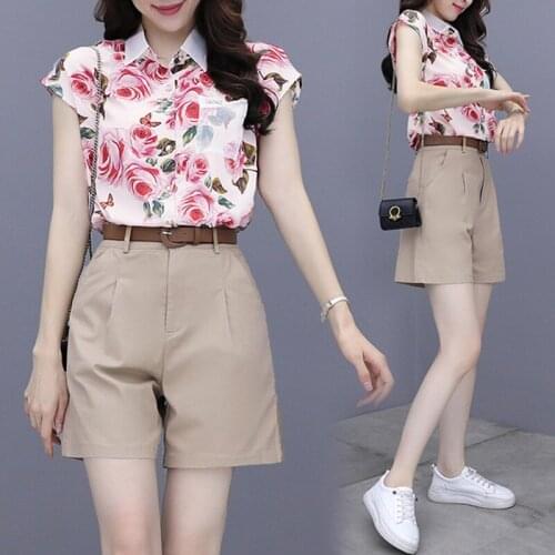 Casual Shorts Two piece set Women Summer Rose Printted Chiffon Shirt High waist Belted Short Suit Pants Suits Blouse 2 Piece Set
